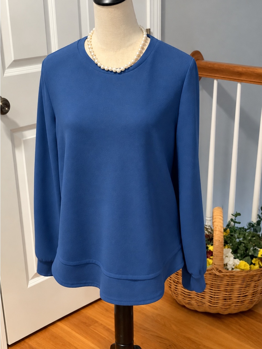 Classic Royal Blue Long-Sleeve Crewneck Blouse